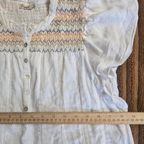 Faherty Women Honokaia Linen Embroidered Flutter Sleeve Top M Boho Peasant - Picture 10 of 11